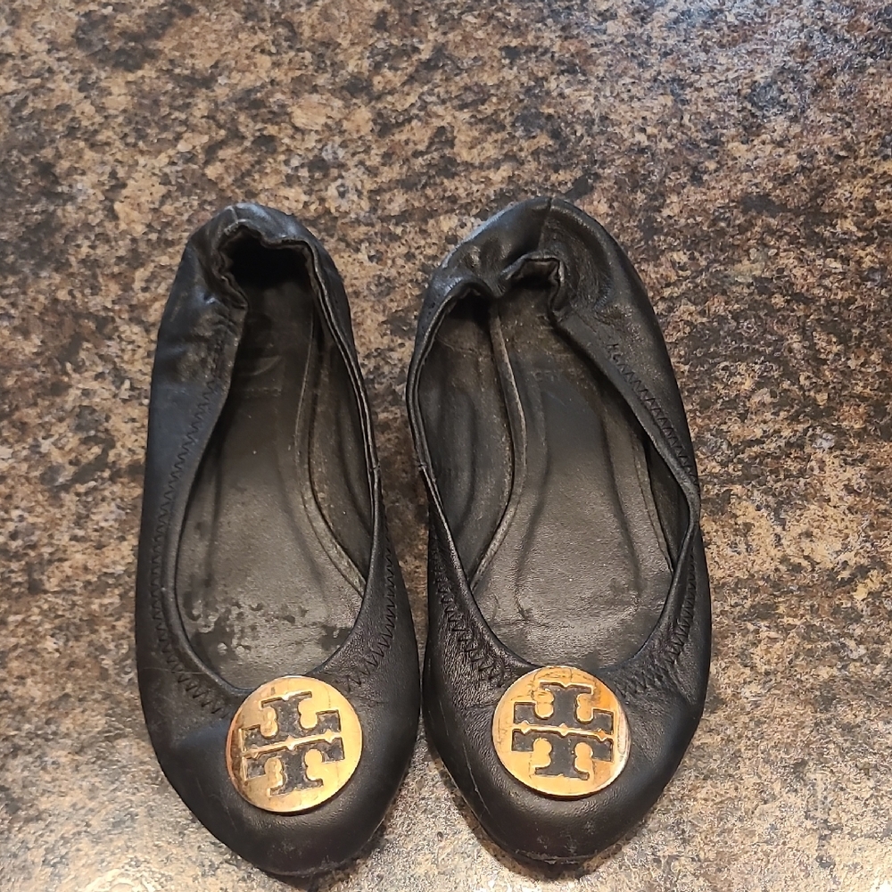 Tory Burch Black Flats with Gold Logo